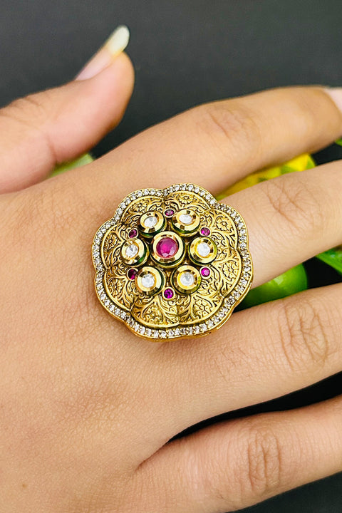 Designer Gold Plated Royal Kundan Beaded Ring (D238)