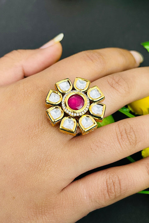 Designer Gold Plated Royal Kundan and Green Emerald Beaded Ring (D242)