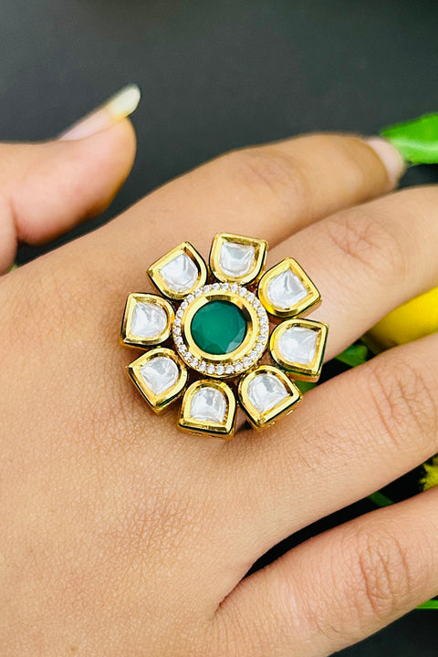 Designer Gold Plated Royal Kundan and Green Emerald Beaded Ring (D242)