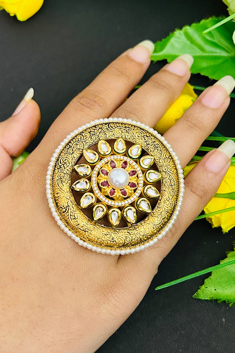 Designer Gold Plated Royal Kundan and Beaded Ring (D235)