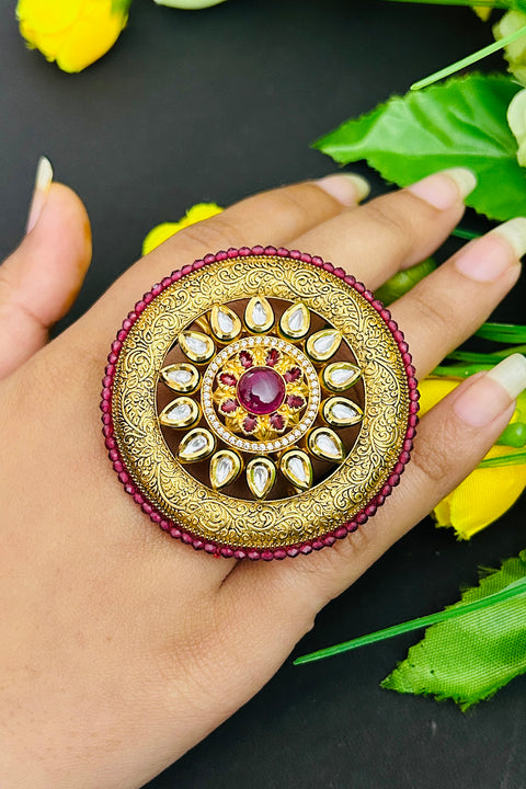 Designer Gold Plated Royal Kundan and Beaded Ring (D235)