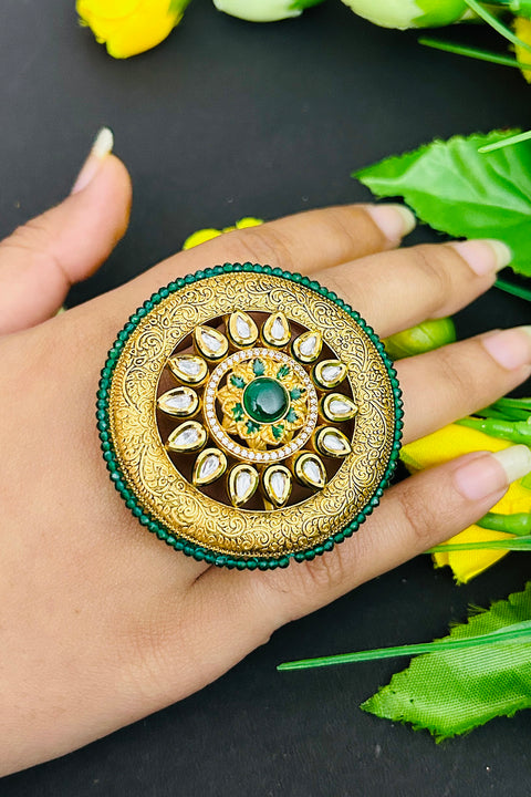 Designer Gold Plated Royal Kundan and Beaded Ring (D235)