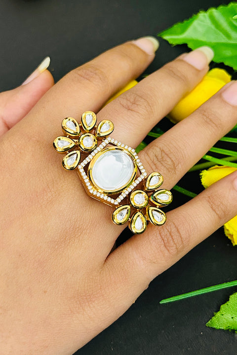 Designer Gold Plated Royal Kundan Beaded Ring (D237)