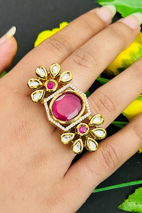 Designer Gold Plated Royal Kundan Beaded Ring (D237)