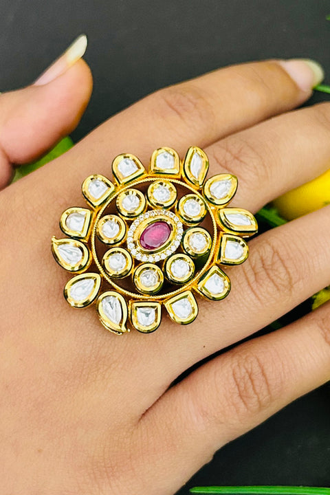 Designer Gold Plated Royal Kundan and Stone Ring (D236)