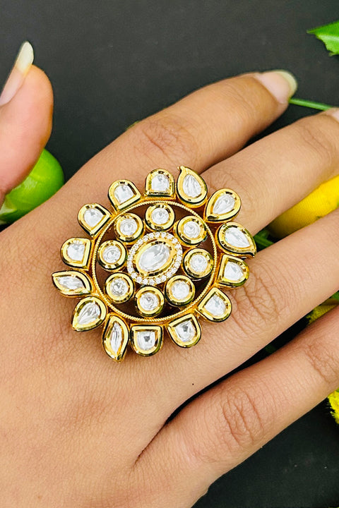 Designer Gold Plated Royal Kundan and Stone Ring (D236)