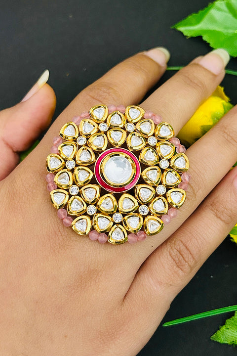 Designer Gold Plated Royal Kundan and Pearl Beaded Ring (D233)