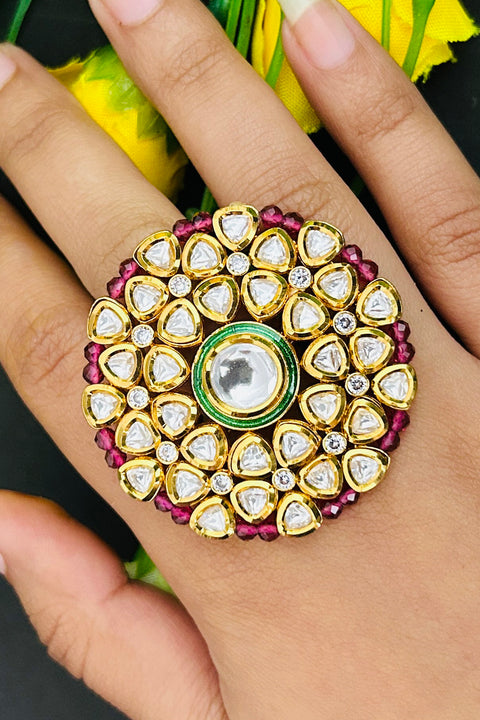 Designer Gold Plated Royal Kundan and Pearl Beaded Ring (D233)