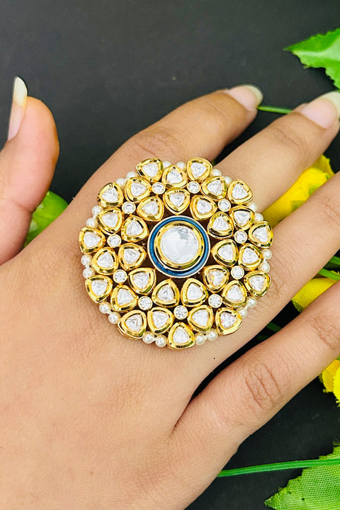 Designer Gold Plated Royal Kundan and Pearl Beaded Ring (D233)