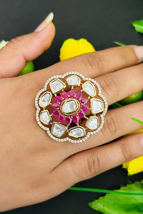 Designer Gold Plated Royal Kundan and Stone Ring (D240)