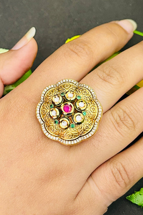 Designer Gold Plated Royal Kundan Beaded Ring (D238)