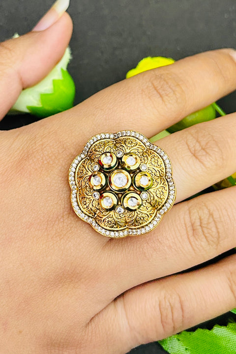 Designer Gold Plated Royal Kundan Beaded Ring (D238)