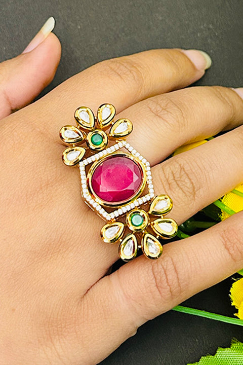 Designer Gold Plated Royal Kundan Beaded Ring (D237)