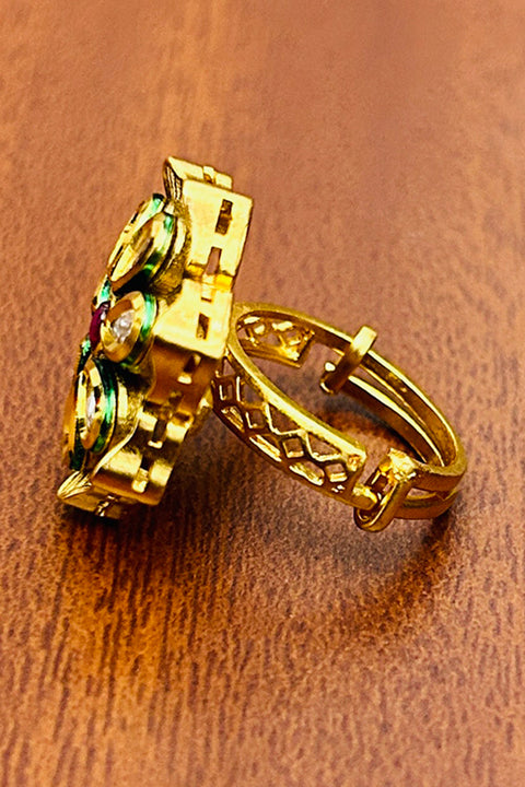 Designer Gold Plated Royal Kundan and Beaded Ring (D243)