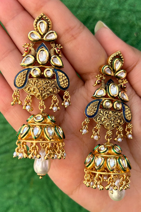 Gold Plated Beautifully Royal Kundan Beaded Jhumki Style Earrings (E816)