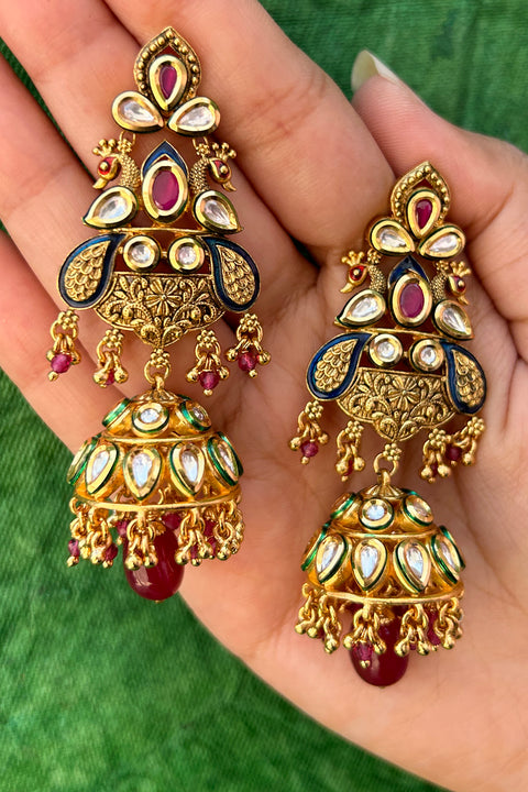 Gold Plated Beautifully Royal Kundan Beaded Jhumki Style Earrings (E816)