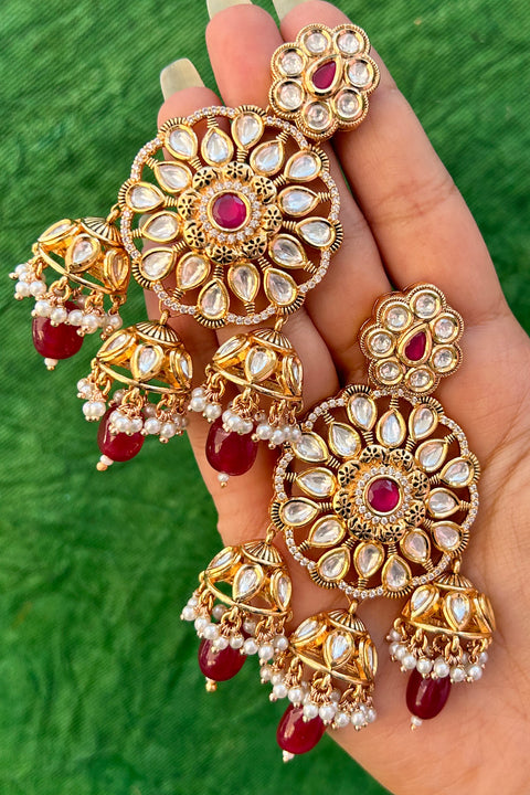Gold Plated Beautifully Royal Kundan Beaded Jhumki Style Earrings (E814)