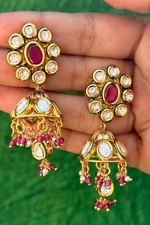 Gold Plated Beautifully Royal Kundan Beaded Jhumki Style Earrings (E796)
