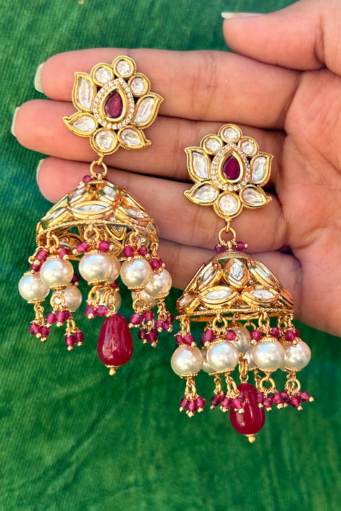 Gold Plated Beautifully Royal Kundan Beaded Jhumki Style Earrings (E803)