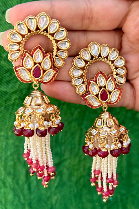 Gold Plated Beautifully Royal Kundan Beaded Jhumki Style Earrings (E813)