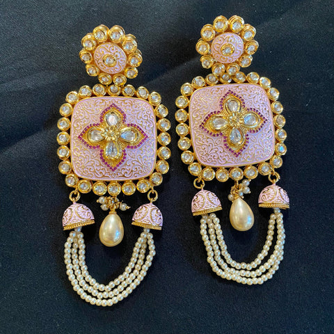 Gold Plated Beautifully White,& Red Beaded Kundan Earrings (E314)