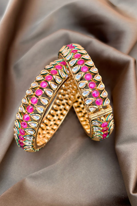 Designer Gold Plated Royal Kundan & Pink Openable Bracelet (D168)