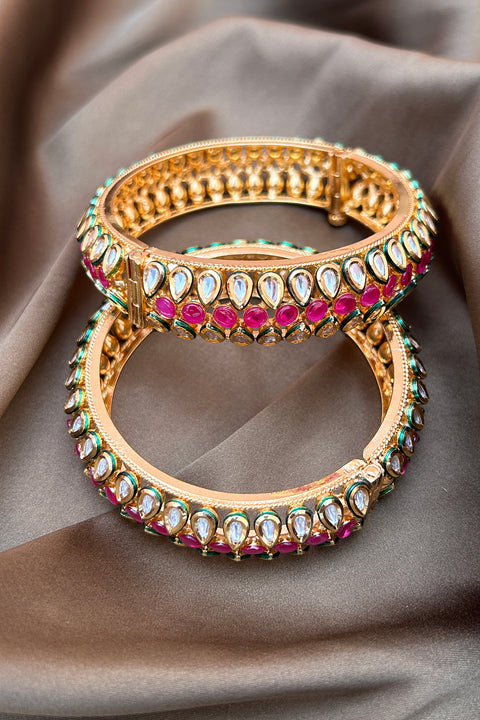 Designer Gold Plated Royal Kundan & Pink Openable Bracelet (D168)