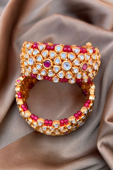 Designer Gold Plated Royal Kundan & Ruby Openable Bracelet (D167)
