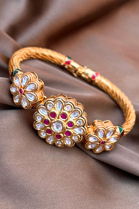 Designer Gold Plated Royal Kundan & Ruby Openable Bracelet (D186)