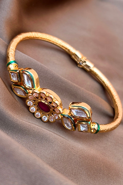 Designer Gold Plated Royal Kundan & Ruby Openable Bracelet (D172)