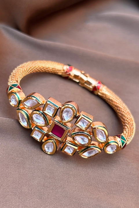 Designer Gold Plated Royal Kundan & Ruby Openable Bracelet (D185)