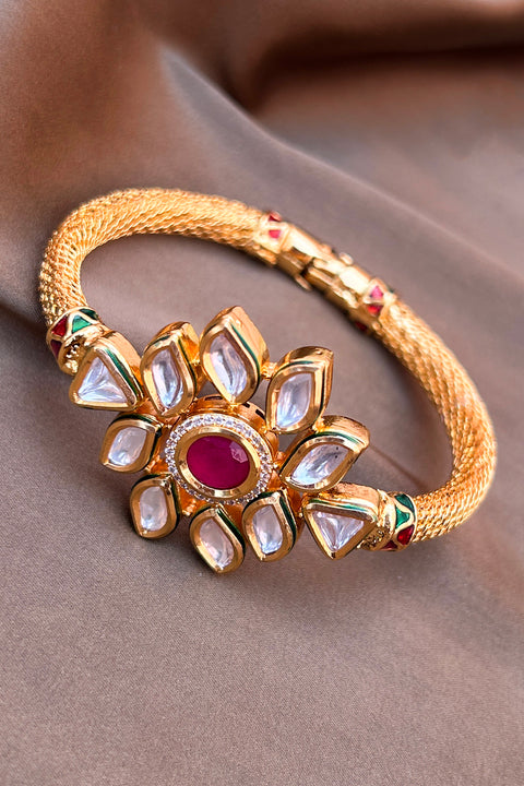 Designer Gold Plated Royal Kundan & Ruby Openable Bracelet (D175)