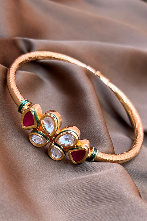 Designer Gold Plated Royal Kundan & Ruby Openable Bracelet (D184)