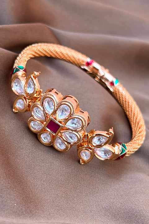 Designer Gold Plated Royal Kundan & Ruby Openable Bracelet (D171)