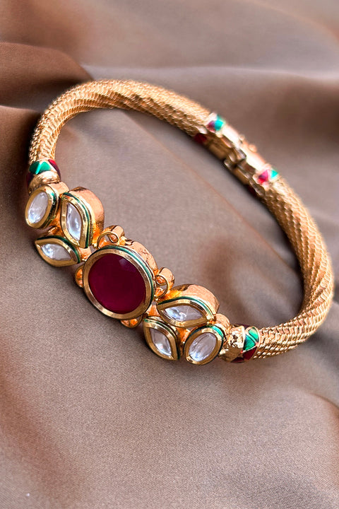 Designer Gold Plated Royal Kundan & Ruby Openable Bracelet (D174)