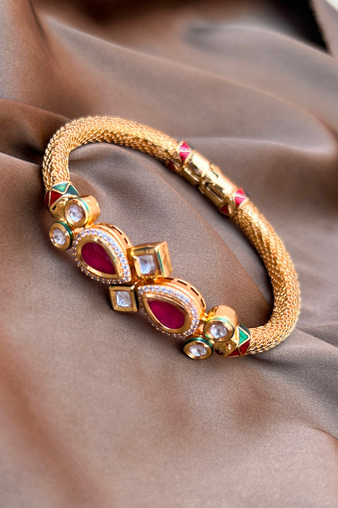 Designer Gold Plated Royal Kundan & Ruby Openable Bracelet (D187)