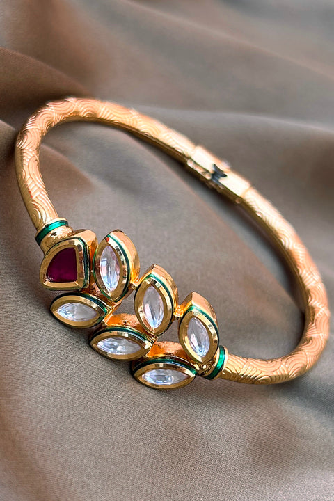Designer Gold Plated Royal Kundan & Ruby Openable Bracelet (D176)