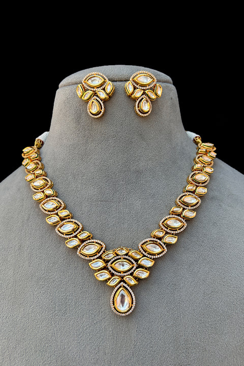 Designer Gold Plated Royal Kundan Necklace with Earrings (D905)