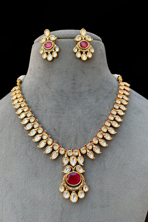 Designer Gold Plated Royal Kundan Necklace With Earrings (D909)