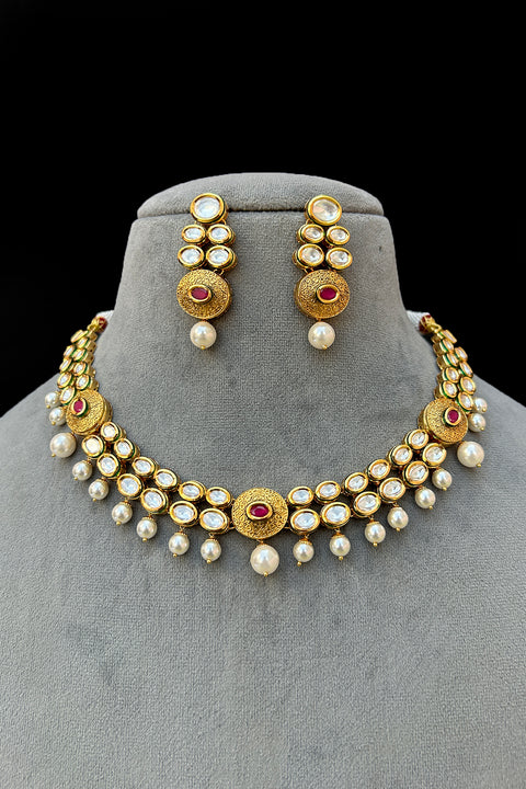 Designer Gold Plated Royal Kundan Necklace With Earrings (D911)