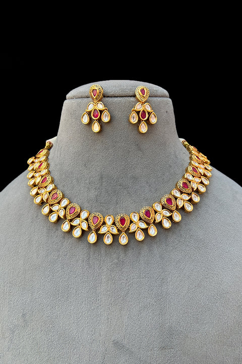 Designer Gold Plated Royal Kundan Necklace With Earrings (D915)