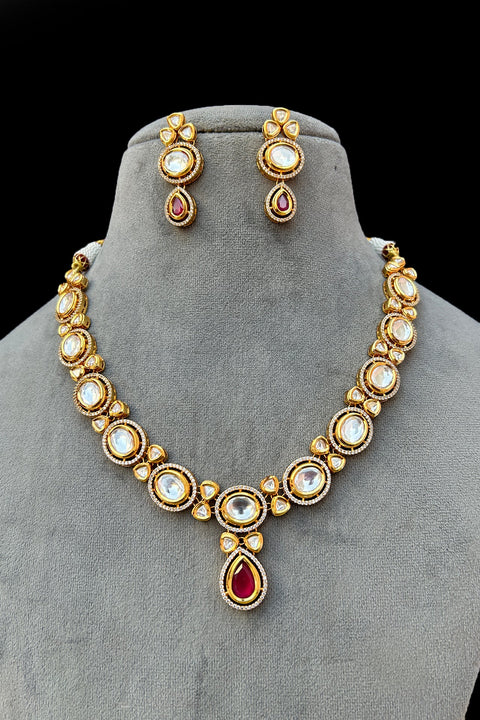 Designer Gold Plated Royal Kundan Necklace with Earrings (D405)
