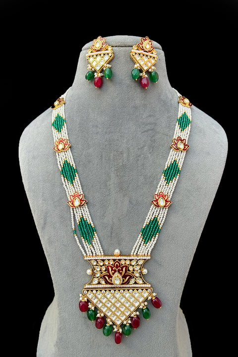 Designer Gold Plated Royal Kundan Beads Necklace With Earrings (D873)
