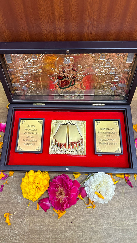 Gold Foil Jai Ambe Maa with Charan Paduka with Shloka with Acrylic Box Pack Of 1 Color Brown Devotional Prayer Box Footprint