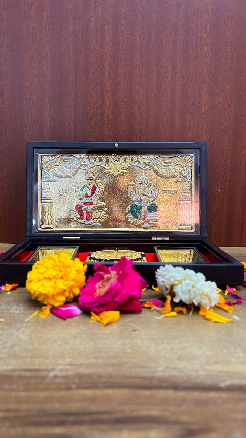 Shree Lakshmi Ganesh Charan Paduka with Acrylic Box Pack Of 1 Color Brown Devotional Prayer Box Footprint