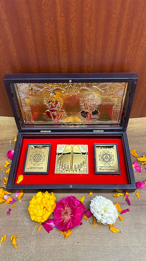 Shree Lakshmi Ganesh Charan Paduka with Acrylic Box Pack Of 1 Color Brown Devotional Prayer Box Footprint