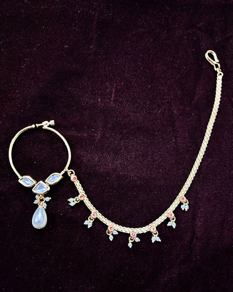 Gold Plated Royal Kundan & Studded Nose Ring with Chain - NATH (Design 5)