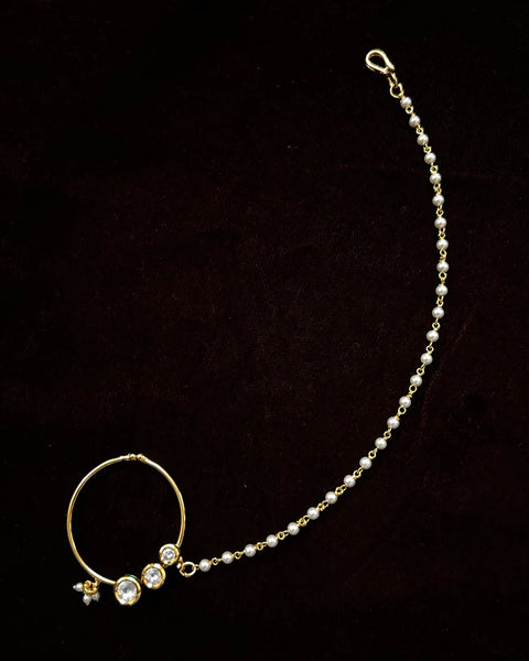Gold Plated Royal Kundan Studded Nose Ring with Chain - NATH (Design 30)