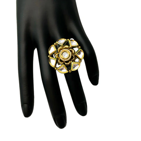Elegant Gold Plated Royal Kundan & Ruby Beaded Ring (Design 107)