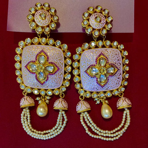 Gold Plated Beautifully White,& Red Beaded Kundan Earrings (E314)